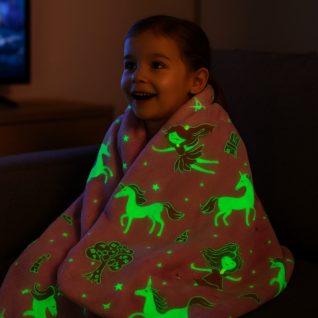 Niño con manta rosa brillando viendo TV