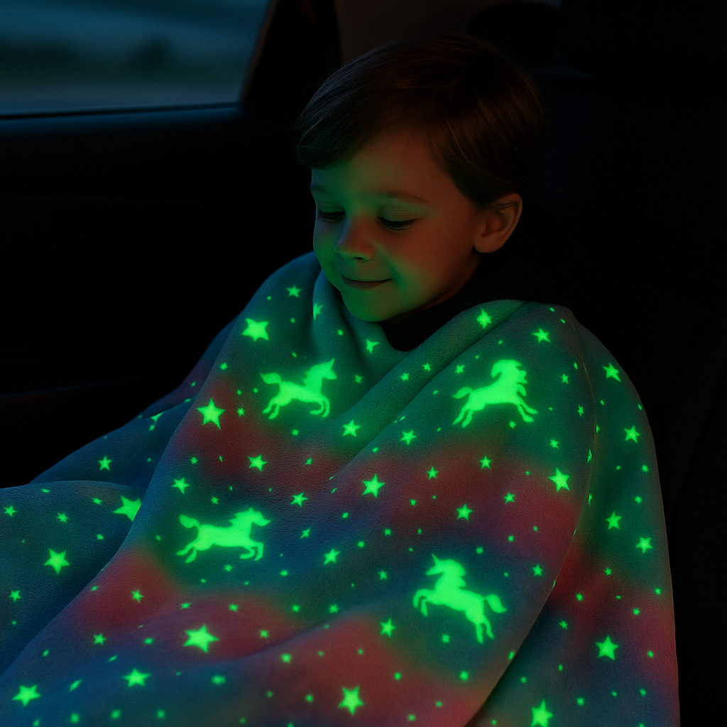 Niño con manta tie-dye arcoíris brillando en coche