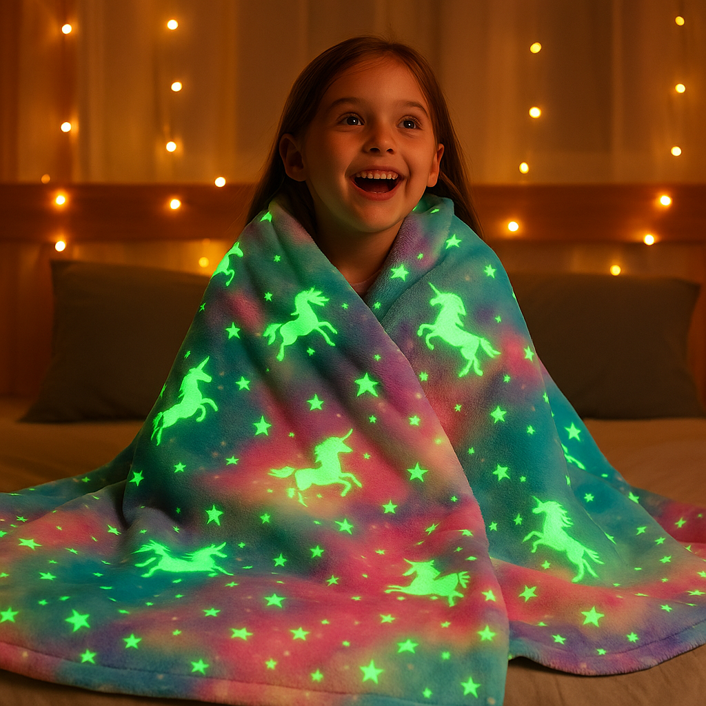 Niño con manta tie-dye arcoíris brillando en pijamada
