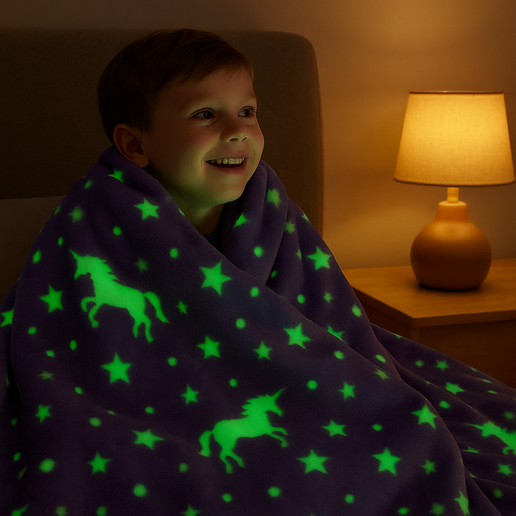 Niño en dormitorio con manta púrpura brillando