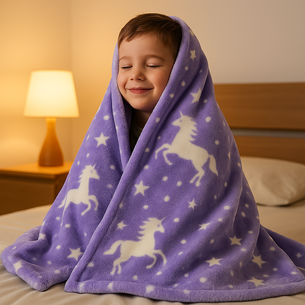 Niño feliz con manta púrpura en dormitorio