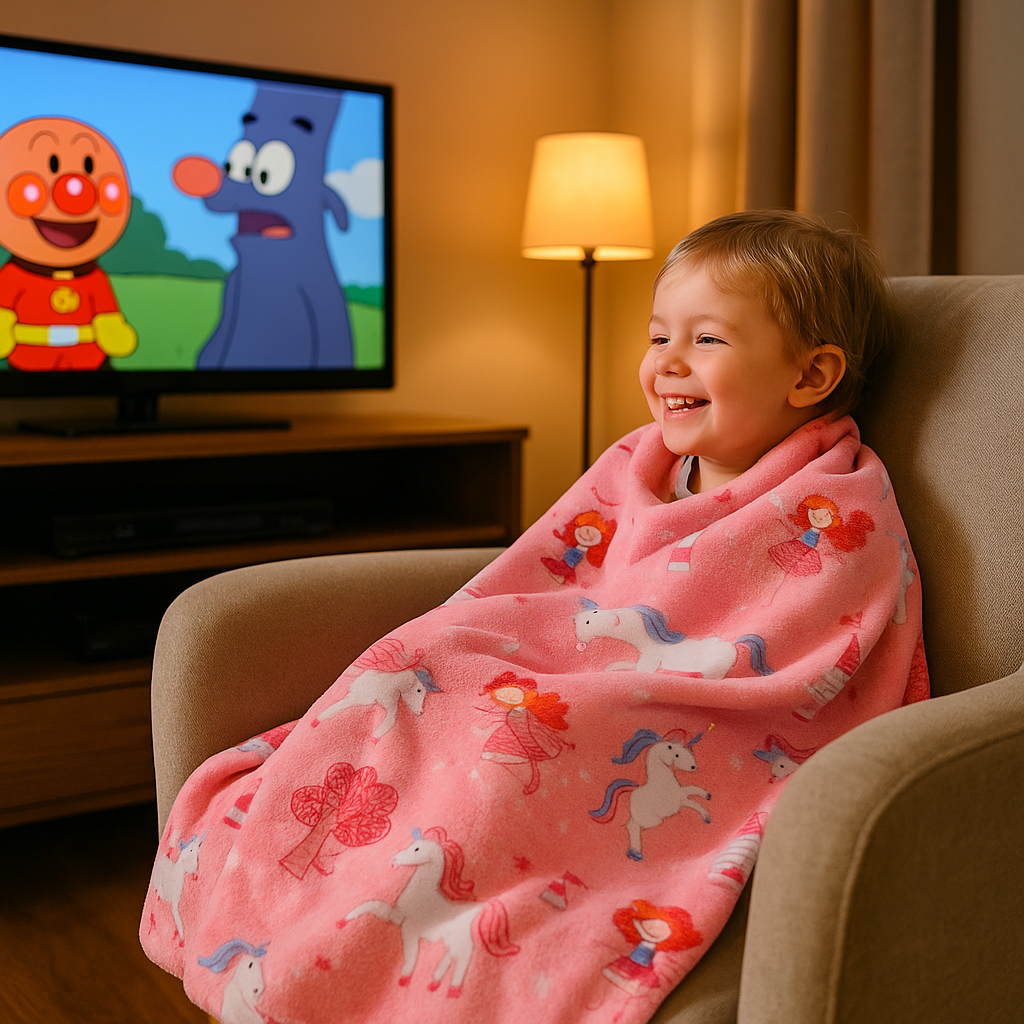 Niño relajado con manta rosa viendo televisión