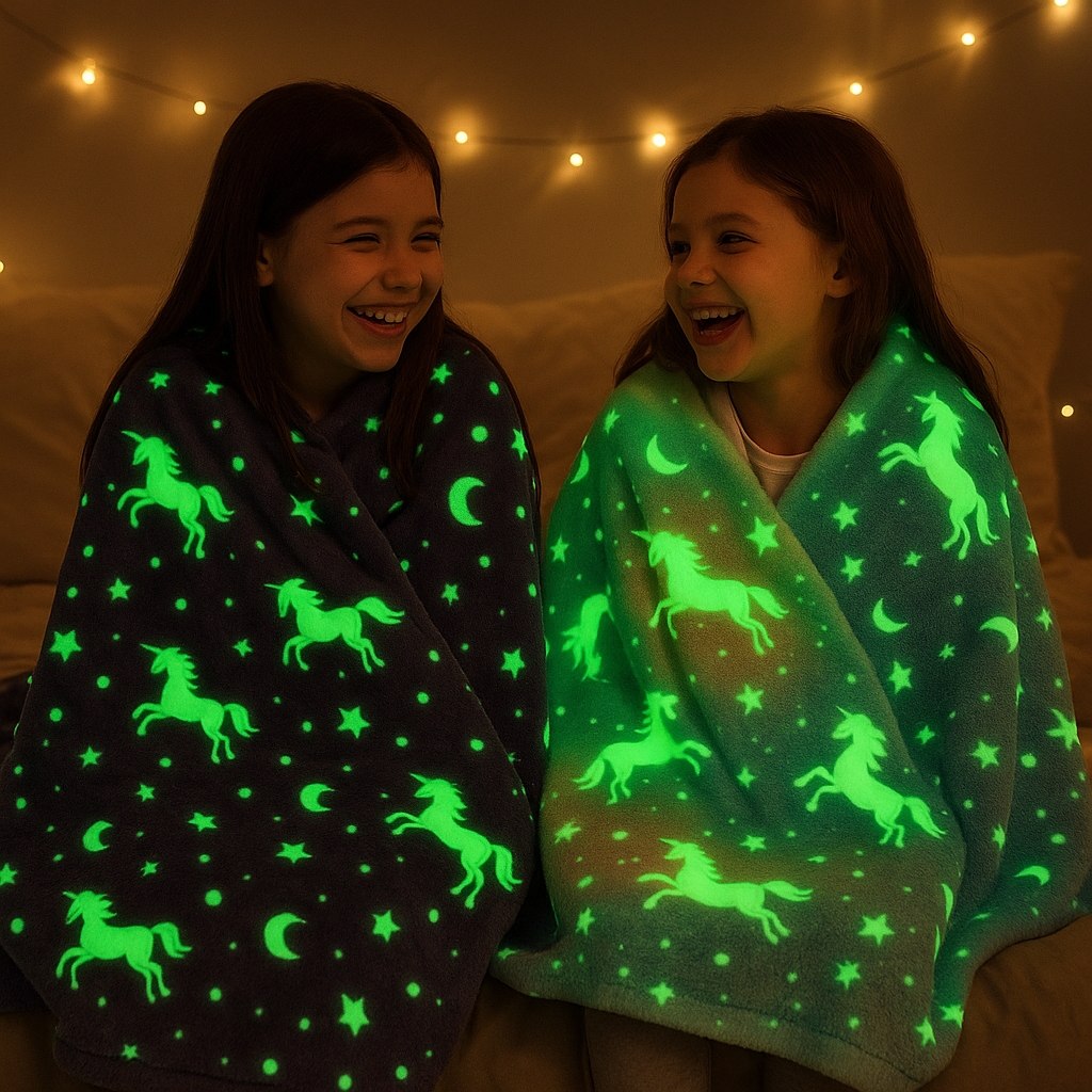 Pijamada con mantas púrpura y arcoíris brillando